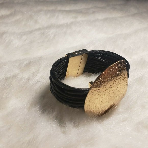 Womens Gold & Black Rope Bracelet Magnetic Clasp - Picture 2 of 5